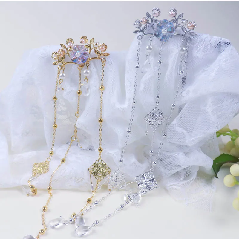

Handmade antique headpiece colorful glass pearl tassel hairpin Hanfu hair accessories