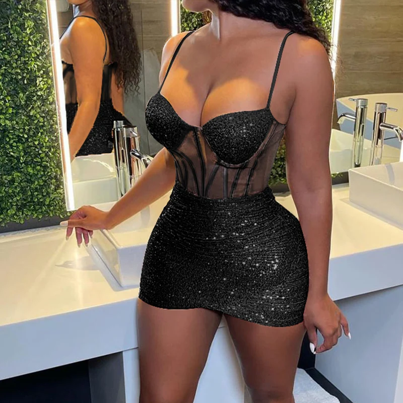 2022 Autumn Winter Women Sleeveless Bling Bling Low Cut Skinny Sling Dress Contrast Mesh Bodycon Cami Sequin Bodycon Dress