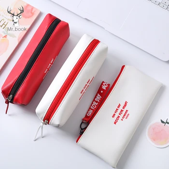 

Korean Kawaii Black Red Leather Pencil Case High Capacity Business Pencilcase for School Office Gifts Supplies Cute Stationery