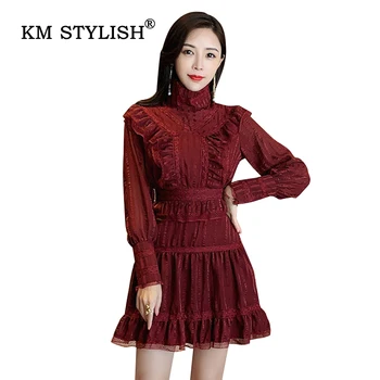 

New Women Fashion Turtleneck Dress Wine Red Ruffles Lace Patchwork Slim Casual Dresses Lady Long-sleeve Dress