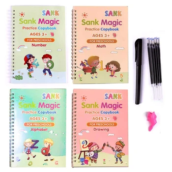 4 Books + Pen Magic Practice Book Free Wiping Children's Toy Writing Sticker English Copybook For Calligraphy Montessori Toys 8
