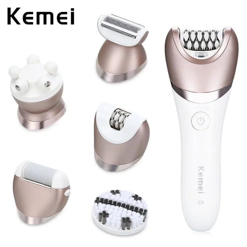 Kemei 5 в 1 перезаряжаемая бритва, электрический эпилятор для бритья, для удаления волос, для женщин, массажер для депиляции, наборы для удаления мозолей
