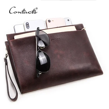 

CONTACT'S Genuine Leather men day Clutches hand strap Metal zip long Envelope pouch casual male wristlet handbag for 7.9" ipad