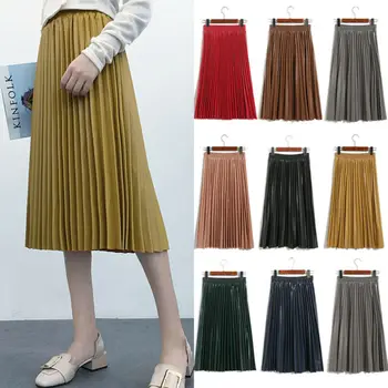 

Women Long High-waist Pleated PU Leather Elastic Skirts Casual Maxi Skirt Plain Jersey Bodycon Clubwear Skirts