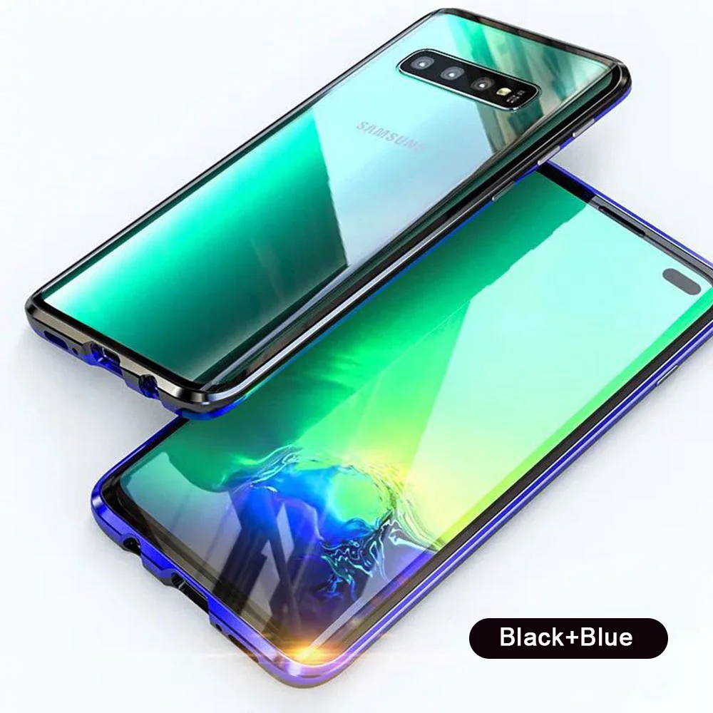 Магнитный металлический стеклянный чехол с полным покрытием для samsung Galaxy S10 5G S8 S9 S10 Plus Note 8 9 10 pro защита экрана из закаленного стекла - Цвет: blue balck