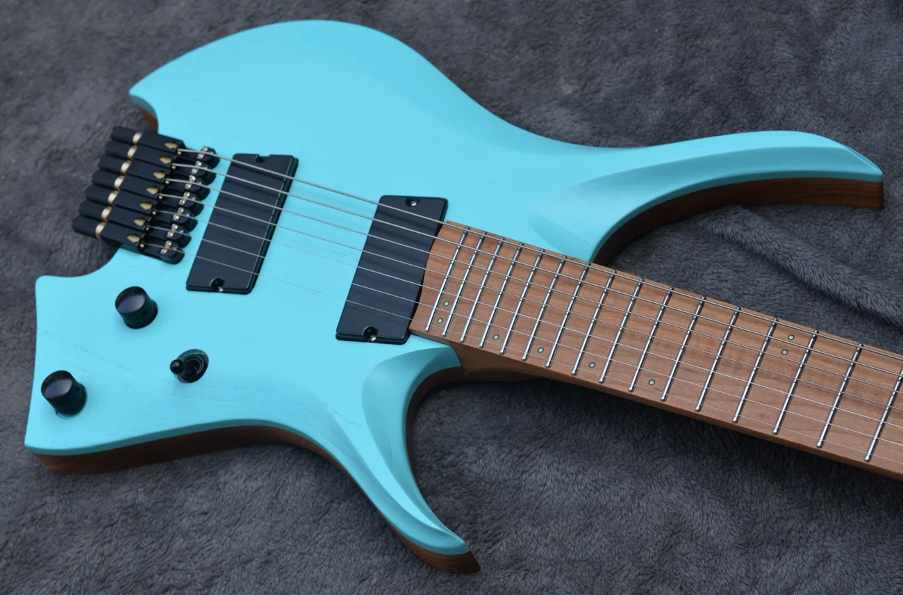 Fanned frets 7 Strings Headless Electric Guitar Eye Poplar 5-ply Roasted Maple Neck Ergonomic New bridge headless electric guitar