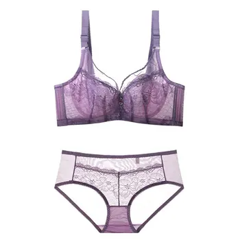 

Large Size Bra Fat Mm Transparent Tulle Lace Breathable Comfortable Anti-Exposure Push up Adjustable 3202 Bra Set
