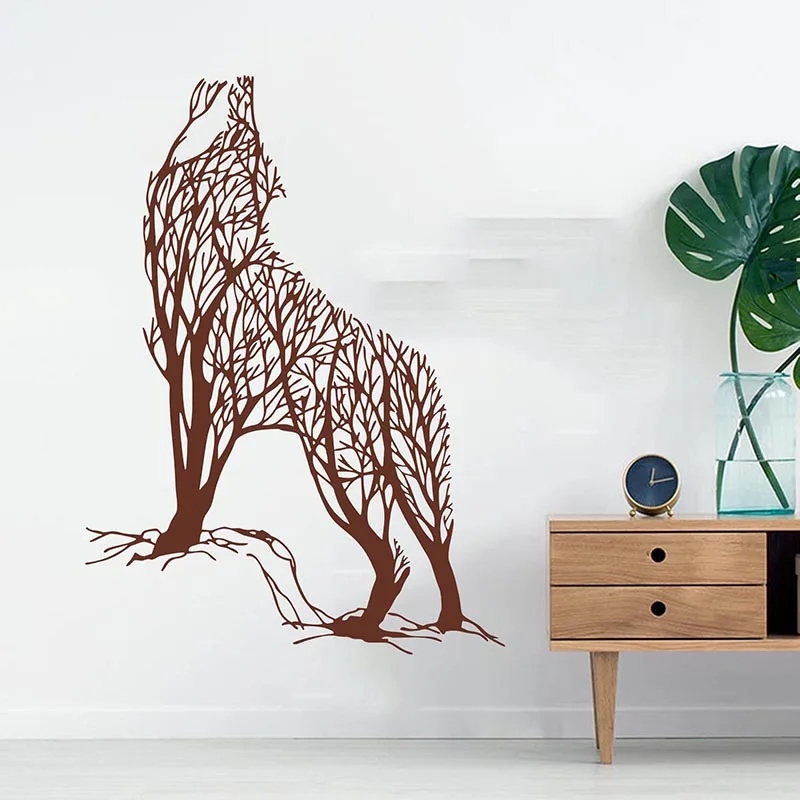 Mysterious aggressive Wolf howl  Tree Wall Sticker Bedroom Living Room Jungle Animal Wolf Tree Wall Decal Kids Room Vinyl Decor (2)