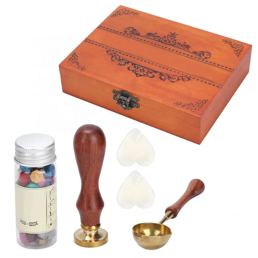 

6PCS Vintage Wax Seal Stamp Set with Spoon Exquisite Wood Box Envelope Sealing Tool Stamps and Dies