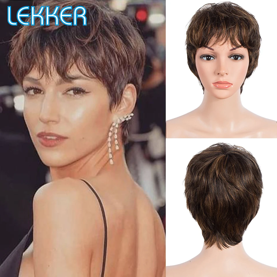 Lekker Short Straight Pixie Bob Human Hair Wig With Bangs For Women Colored Brazilian Remy Natural Hair Ombre Brown Burg Red Wig human hair wigs