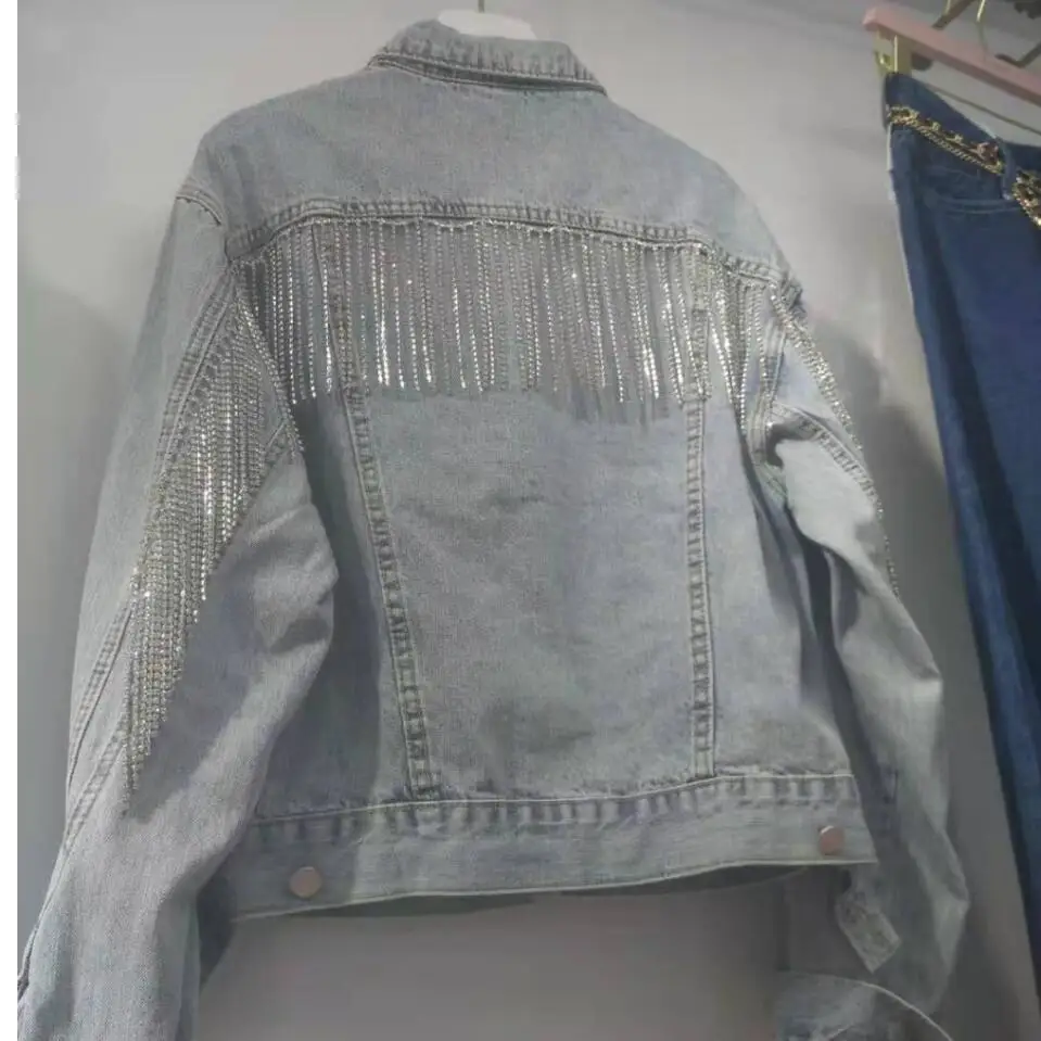 Легкая джинсовая куртка со стразами и бахромой - Цвет: Light blue