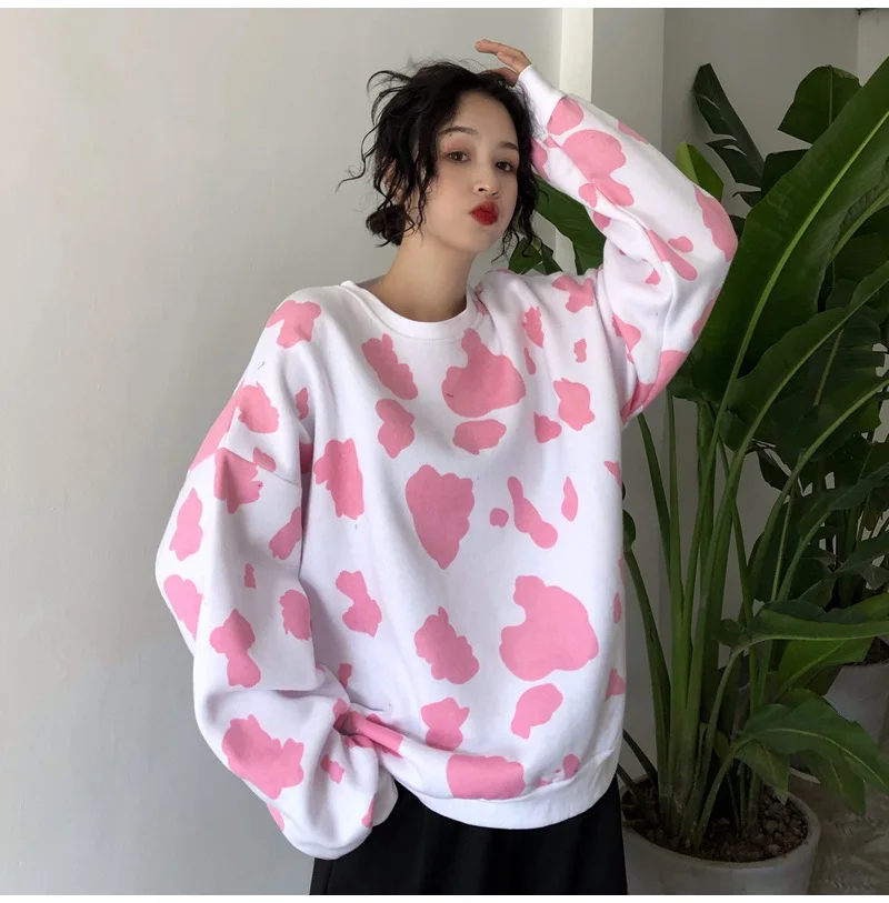 

Women Sweatshirts Kawaii Autumn Winter Cow Milk Print Loose Long Sleeve Casual Harajuku Female Hoodies Pullover Top Korean Style