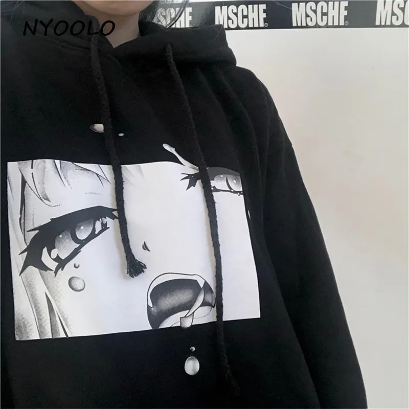 NYOOLO Харадзюку, винтажные уличные комиксы для девочек, с принтом, плюс бархатные теплые толстовки, Осень-зима, Свободный пуловер с капюшоном, Женская толстовка