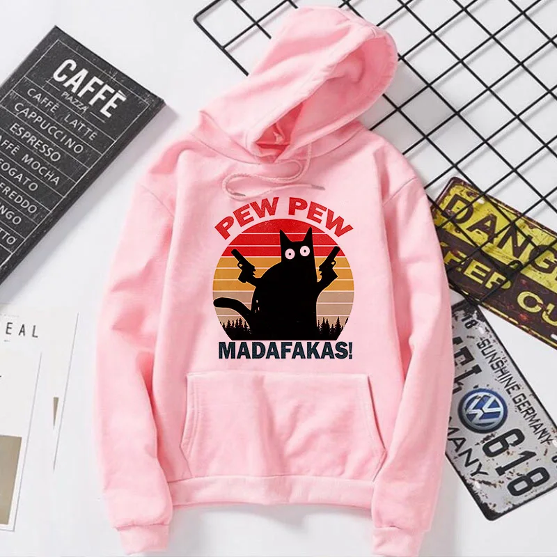 

Hoodie Women Sweatshirts 2021 Female Hoodies Pew Pew Madafakas Cat Pattern Pullovers O-neck Pink Sportswear Streetwear Pocket
