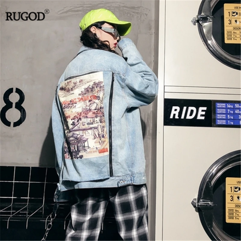 

RUGOD 2019 New Autumn Winter Women Denim Jacket Back Zipperfly Detachable Ink Printed Patchwork Coat High Street Cool Jacket