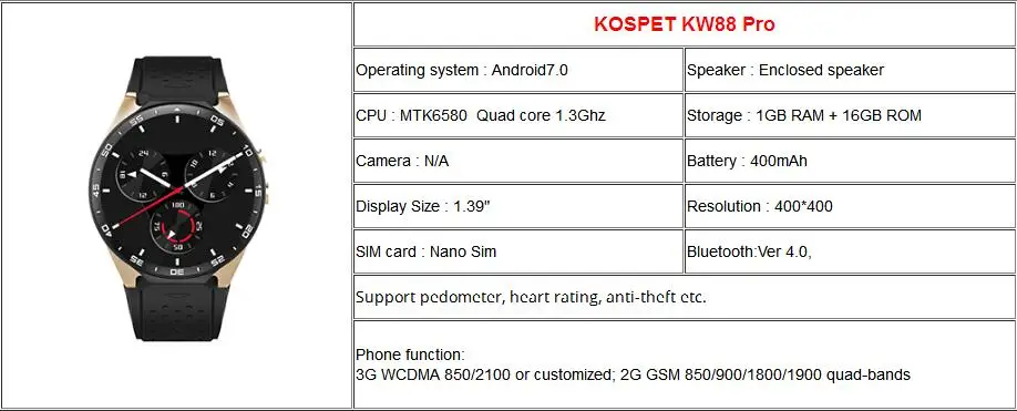 KOSPET KW88 PRO smartwatch phone Android 7.0 1GB 16GB 1.39" AMOLED screen Bluetooth 4.0 GPS Map Wearable Device Smart Watch men