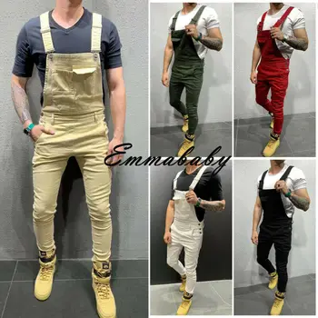 

2019 Summer Autumn Men's Jumpsuit Overall Solid Pocket Adjustable Strap Slim Casual Pants