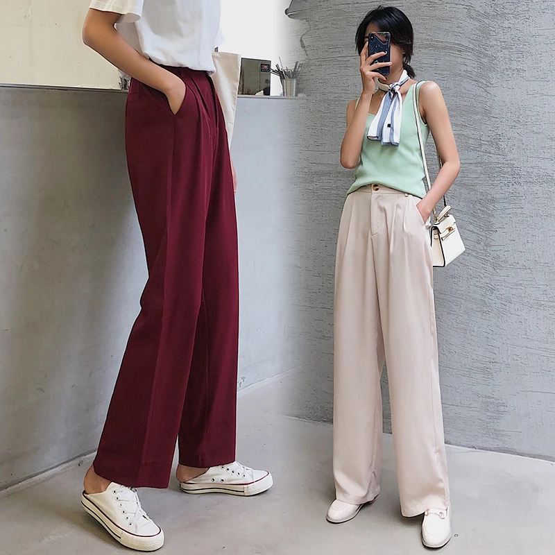 Acheter Cargo pantalon à jambes larges pour les femmes style d été mince pantalons longs drapé sentiment taille haute pantalon mince pantalon droit costume ample glisser