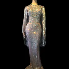 Праздничная одежда Кристаллы Длинные кисточкой вечерние облегающее платье для женщин выпускного вечера напольный, Свадебный длина платье со стразами для певицы для сцены платье