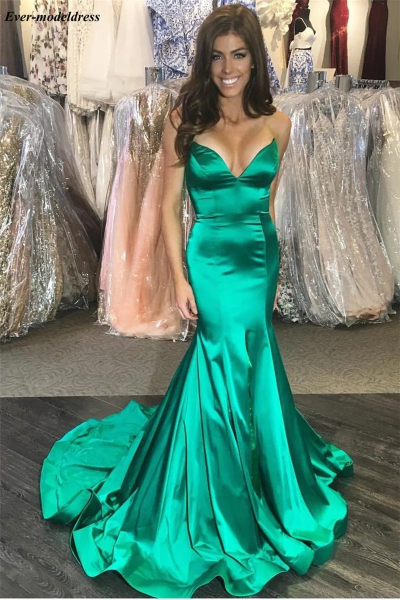 

Green Long Evening Dresses Mermaid Sweetheart Zipper Back Sweep Train Satin Simple Prom Dress Formal Party Gowns Robe de soiree