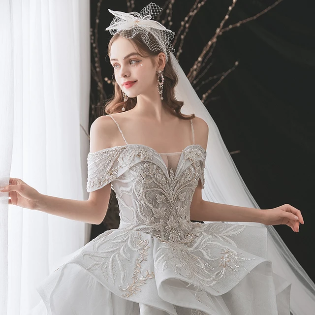 HLF43 Wedding Dress Off Thr Shoulder Spaghetti Strap Floral Print Illusion Fairy сексуальное свадебное платье Robe Longue 5