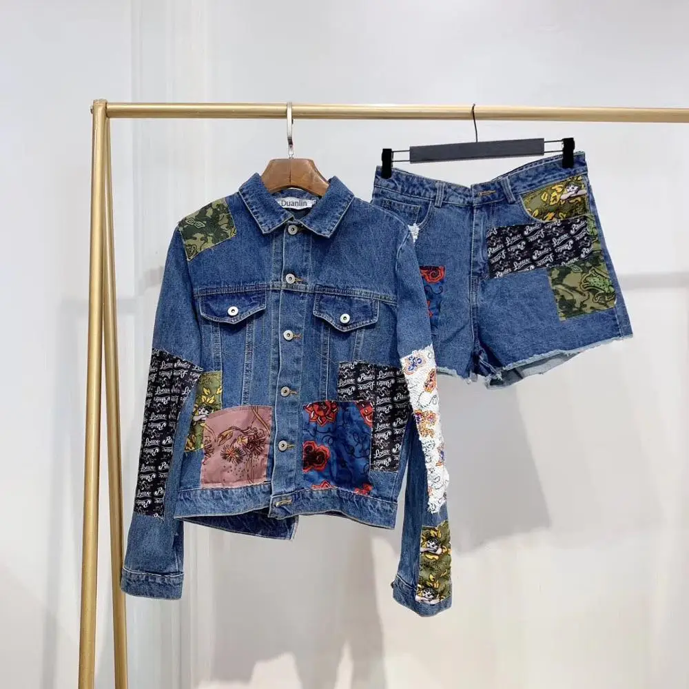 

Two Pieces Patchwork Print Denim Jackets Women Jean Shorts Outwear And Shorts