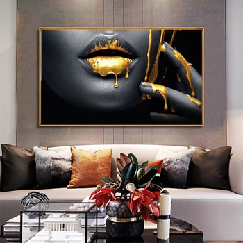 

Black Africa Woman Golden Lip Portrait Canvas Painting Posters and Prints Wall Art Picture for Living Room