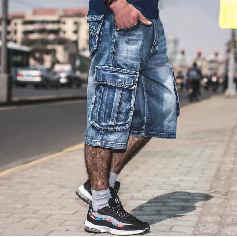 Men Loose Denim Shorts Hip Hop 3/4 Length Jeans Baggy Roll Up Cargo Pocket  Work