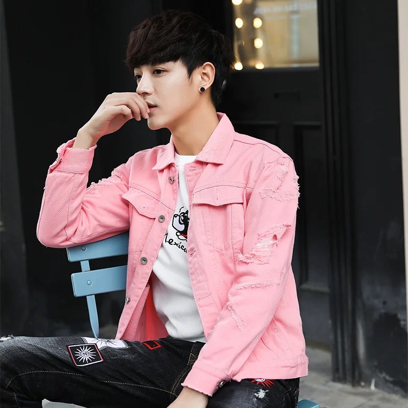 

New Style Autumn Large Size Men with Holes Jacket Loose Cowboy Pure Cotton Jacket Men's Korean-style Cowboy Clothing BOY'S Upper