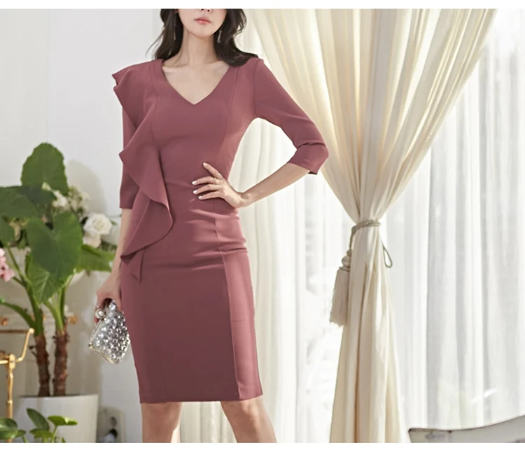 SHIJIA, тонкое, Дамское, Vestidos, посылка, бедра, платье,, элегантное, милое, женское платье с v-образным вырезом, с оборками, сзади, с разрезом, женское обтягивающее платье