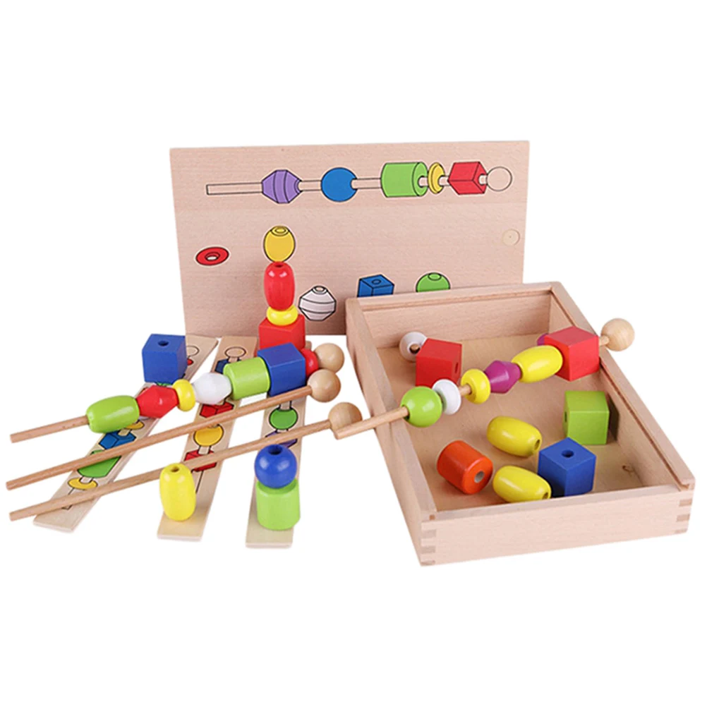 Children'S Wooden Color Shape Cognitive Bead Box Educational Toys Fine Action Training Wooden Sticks Wear Beaded Toys