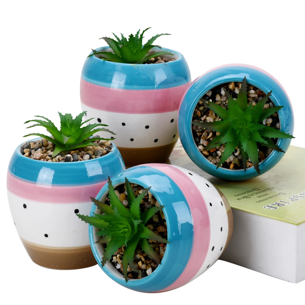 4.92 Inch Artificial Plastic Mini Plants with Pot Unique Green Succulent in Oval Ceramic Pot for Home Decoration Accessories