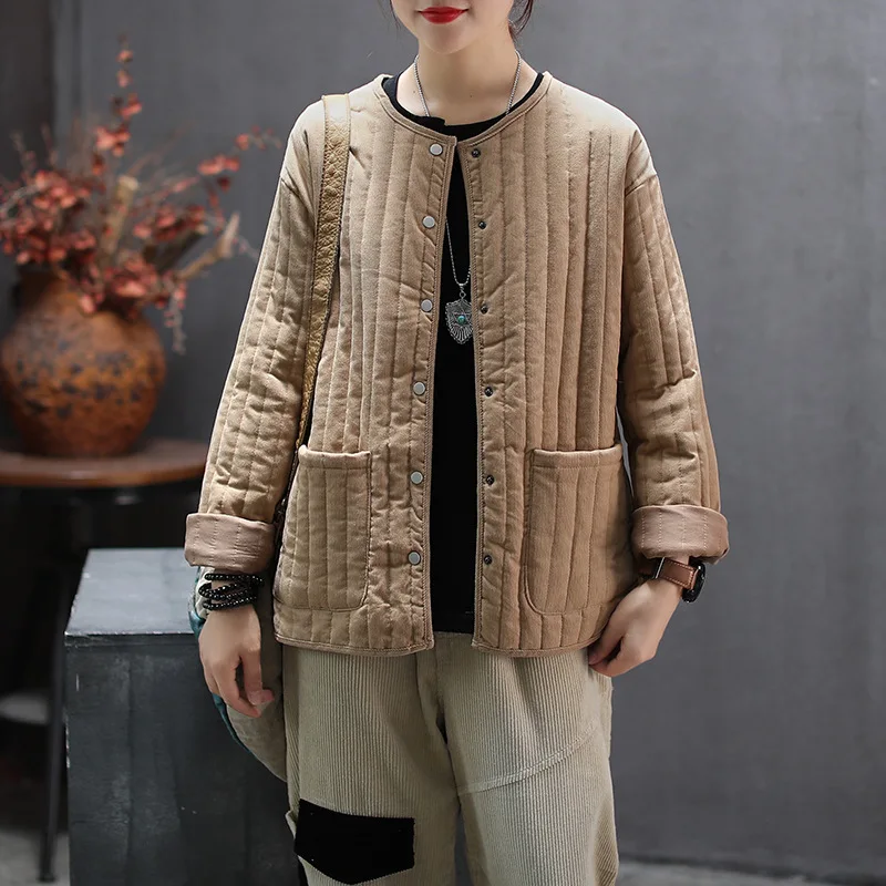 

Qi Juan Draw Autumn And Winter New Style Corduroy Solid Color Cotton-padded Clothes Women's Low round Neck Cotton Coat Loose-Fit