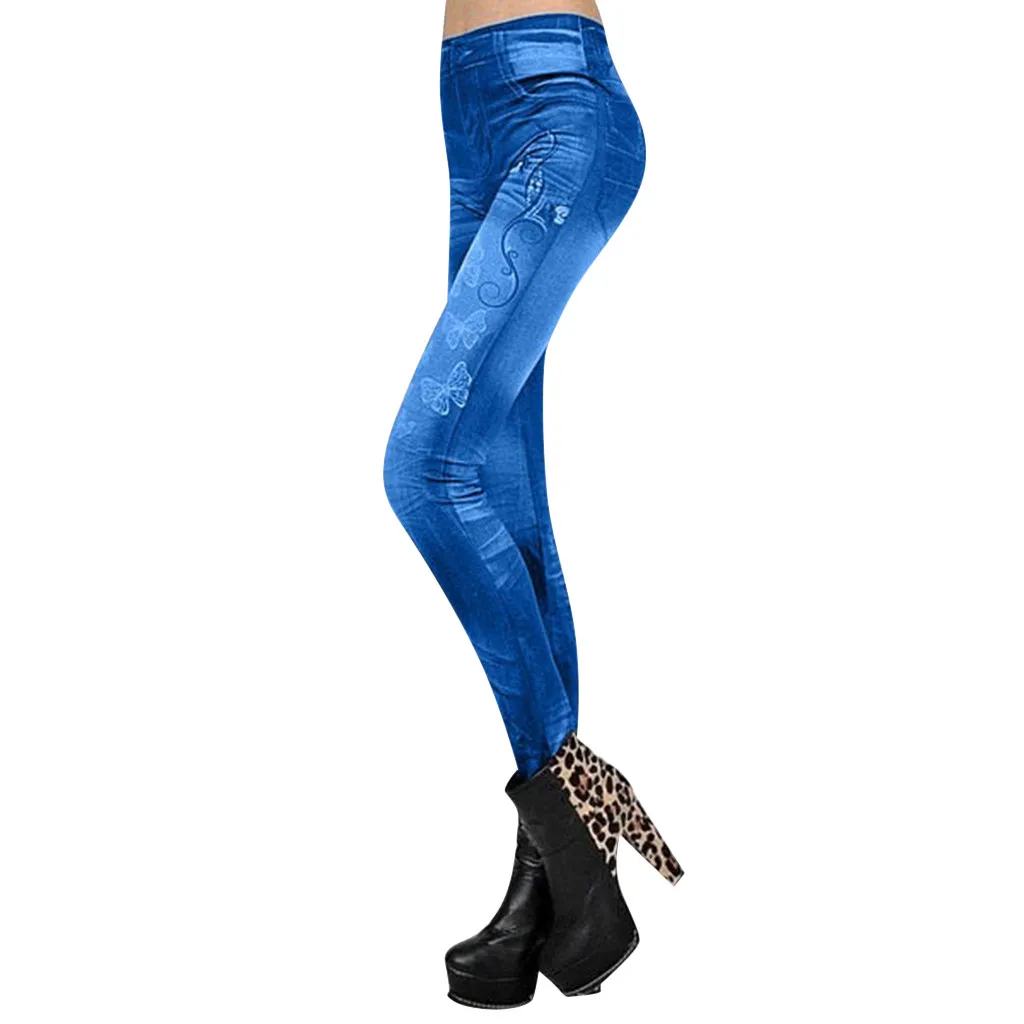 Модные леггинсы женские с принтом бесшовные хлопковые джинсы-как под брюки Печать тонкие обтягивающие леггинсы брюки Джеггинсы Леггинсы mujer W5
