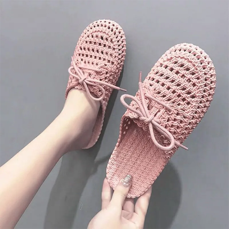 Women's Mesh Knit Flat Sandals - Breathable Hollow Braided Slides For Summer, Casual Dressy Bohemian Vacation