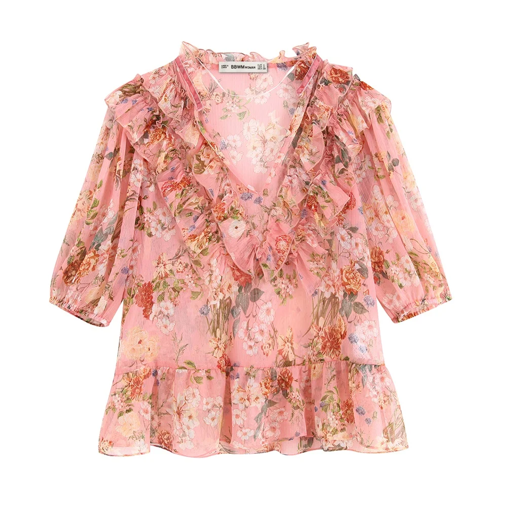 

Floral Blouse Women Blusa Transparente Mujer Lady Pink Chiffon Blouse Top Ruffles Neck Sweet Blouse Top C9546