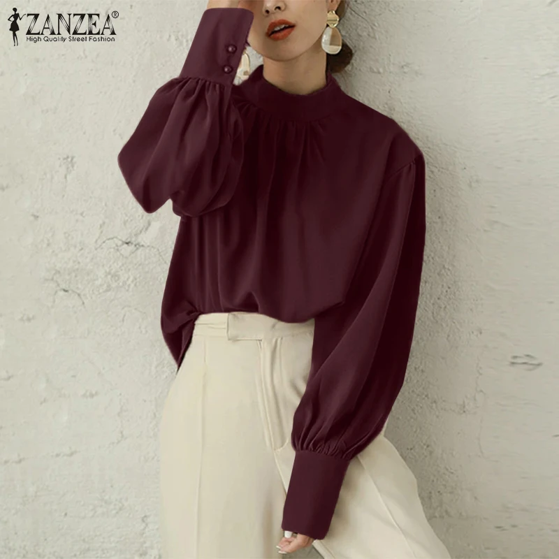 ZANZEA Women Elegant Autumn Shirt Casual Fashion Solid Long Puff 