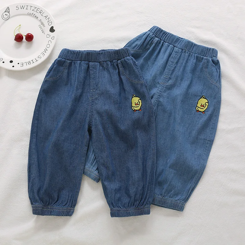 Cartoon Small Yellow Duck Embroidered Crawler 19 Summer Korean-style Jeans Capri Pants Childrenswear 31406