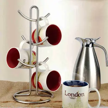 

New Tree Shape 6 Cup Mug Tree Holder Chrome Wire Stand Hanging Drainer Storage Kitchen Rack With 6 Hooks