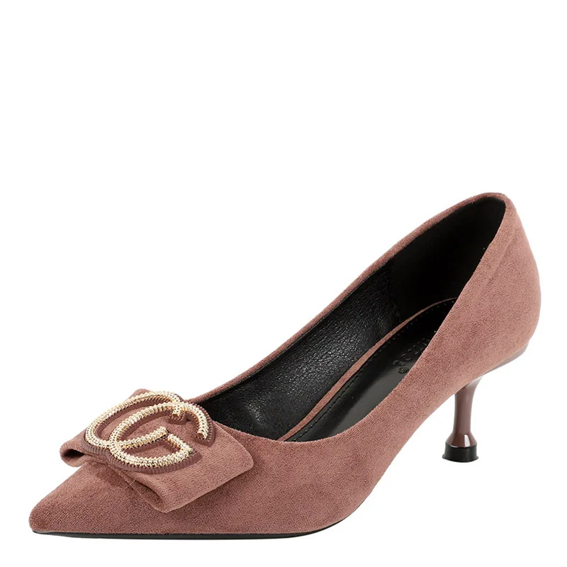 

862-2 Lettered Metal Buckle Work Low Top Pointed-Toe High Heel Shoes Cat Documentary Shoes Women's 2019 Spring New Style WOMEN'S