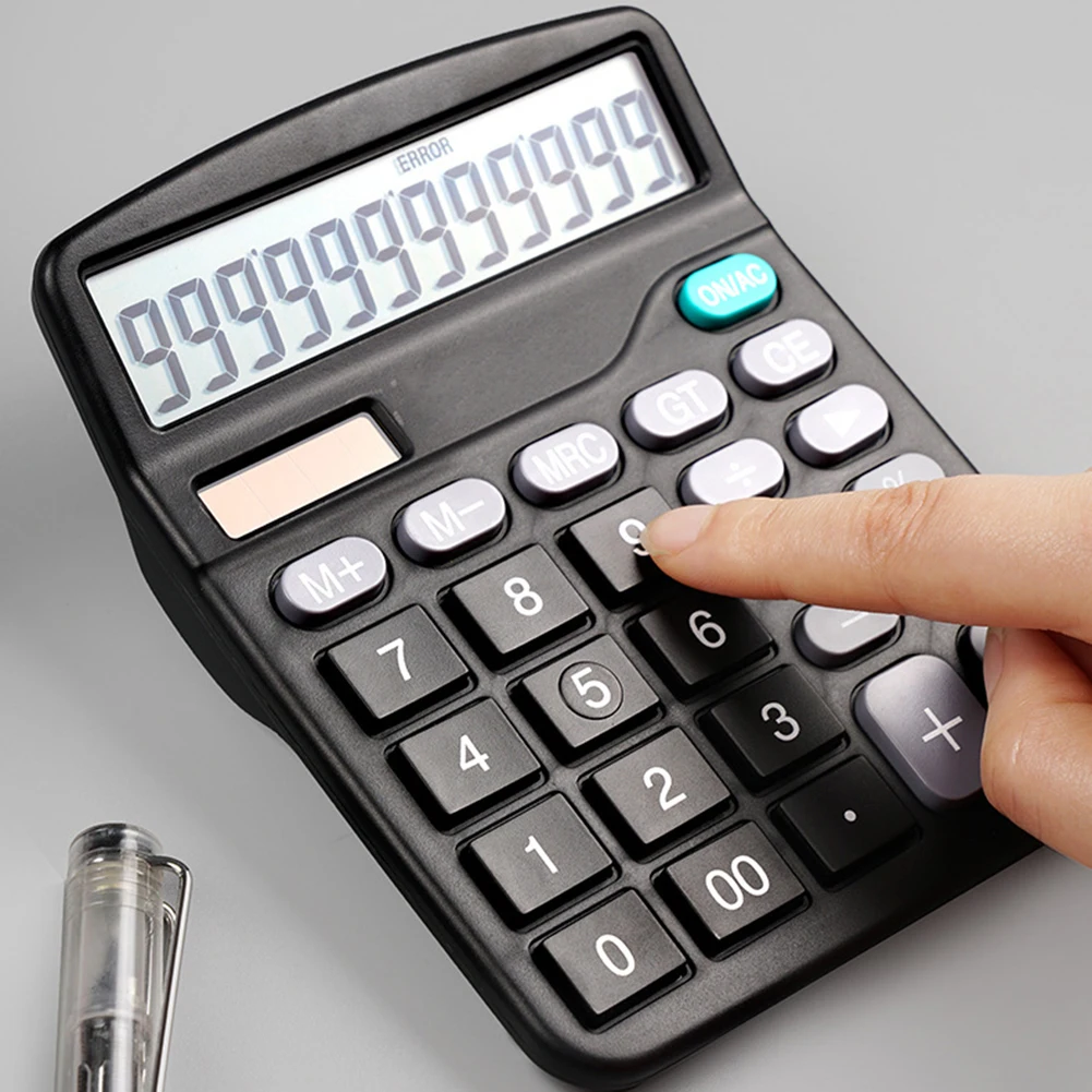 12-Digit Solar Battery Basic Calculator Solar Battery Dual Power Office Finance Calculator with Large LCD Display