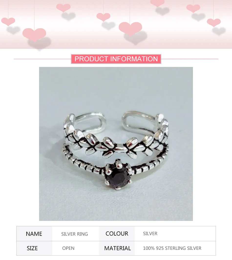 ZDADAN 925 Sterling Silver Double Layer Leaf Obsidian Rings For Women Silver Ring Jewelry
