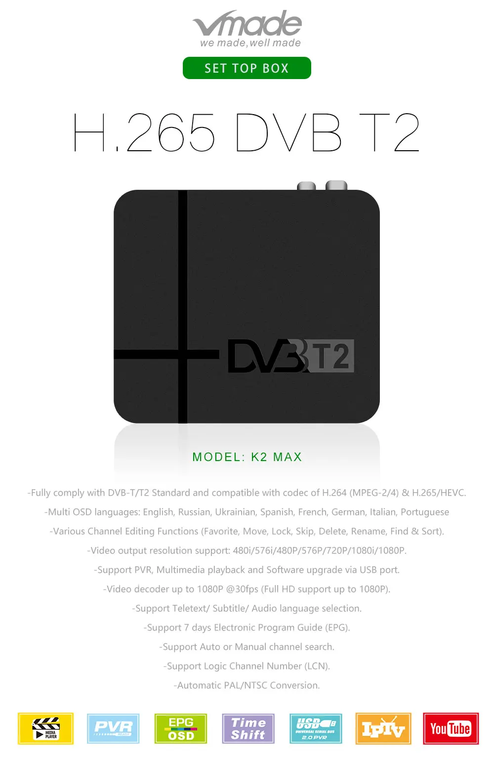 Vmade DVB-T2-K2 MAX HD цифровой эфирный приемник встроенный RJ45 сеть H.265 MPEG-2/4+ USB wifi Поддержка Youtube Dolby AC3