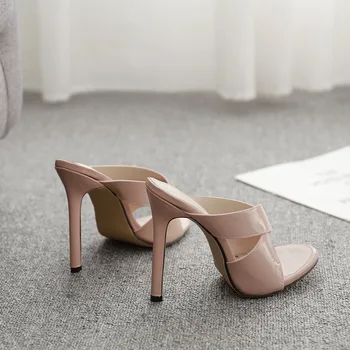 

2020 Fashion PU Slippers Summer Concise Peep Toed Thin High Heel Slip On Round Toe Slides Women Mules Apricot