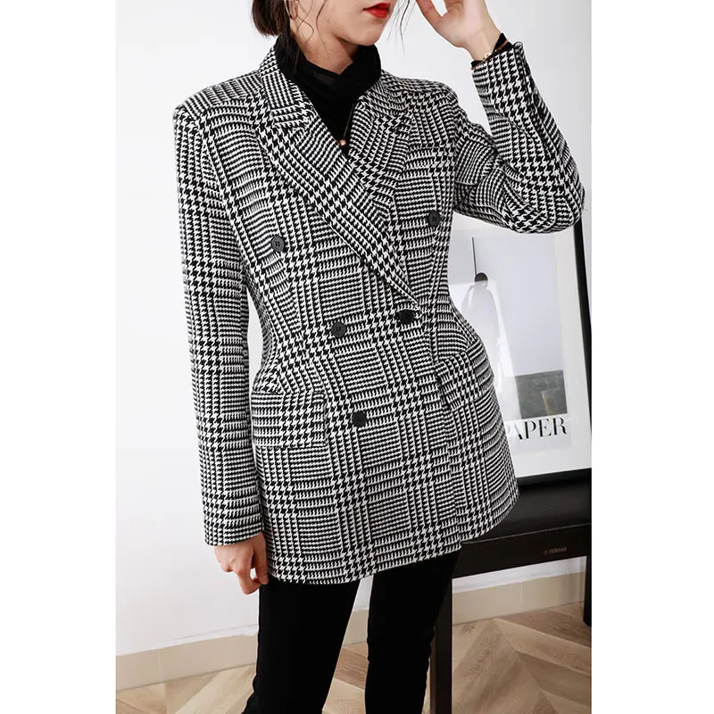 HarleyFashion Autumn Winter Design Women Casual Plaid Tweed Blazer Double Breasted Long Slim Blazers Jacket