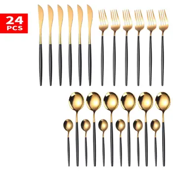 

24pcs Gold Dinnerware Set Stainless Steel Tableware Set Knife Fork Spoon Flatware Set Dishwasher Safe Cutlery Set 8 colors