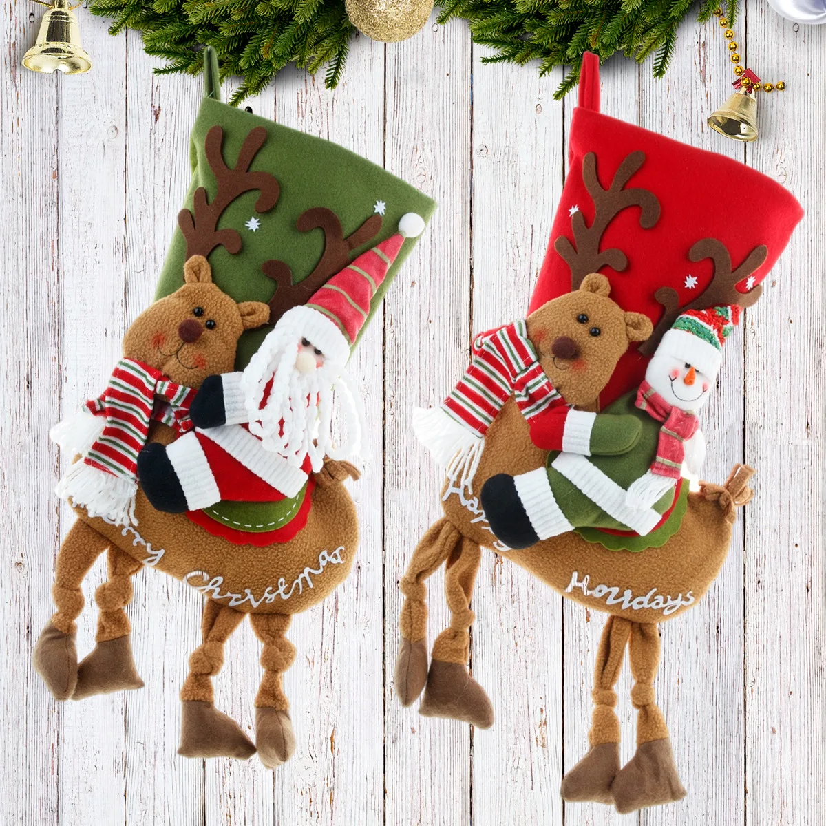 

Santa Claus Snowman Riding Deer Christmas Stockings Creative Christmas Home Fireplace Decor Socks Kids Gift Bags Candy Holder