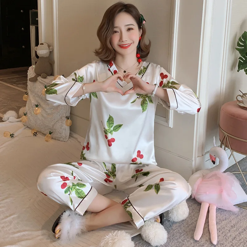 Spring and Autumn New Style Imitated Silk Pajamas Women's Casual V-neck Long Sleeve Tracksuit Home Clothes Printing Pajamas
