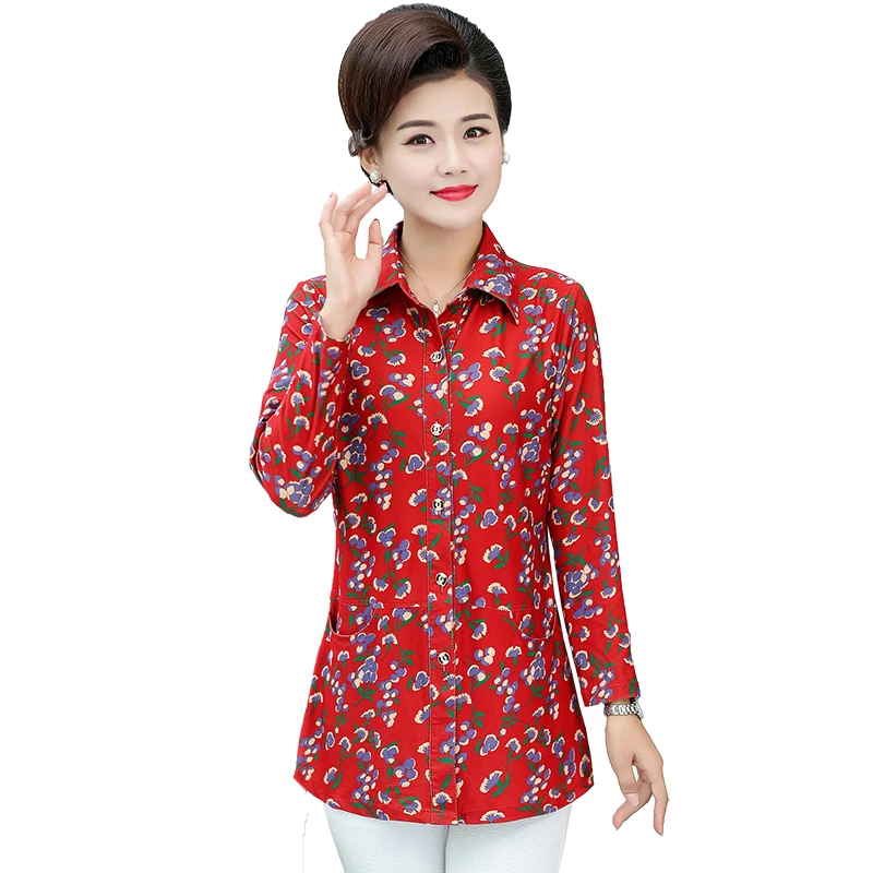 

Turn-Down Collar Tops For Women Camisas Mujer Spring Fall Plus Size Middle Age Mother Cardigan Floral Printed Long Sleeve Blouse