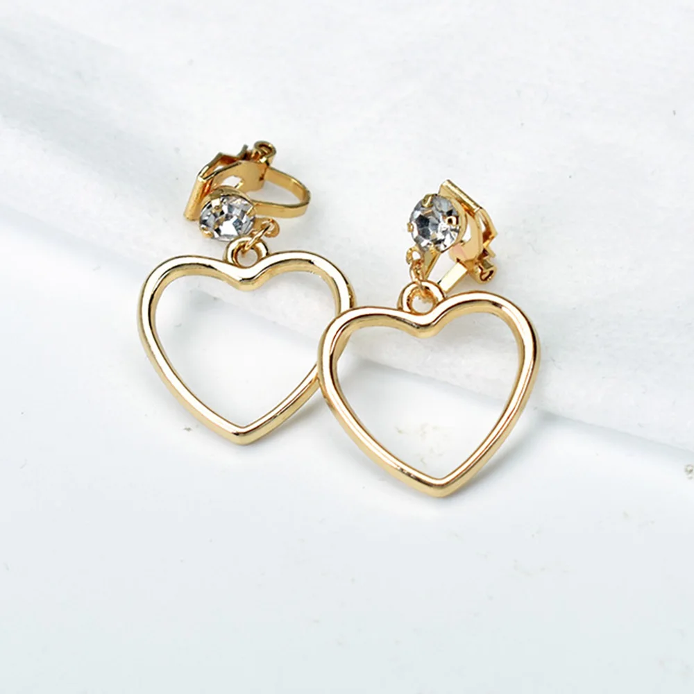 New Fashion Gold Silver Color Geometric Heart Clip Earrings Without Piercing oorbellen Simple Hollow For Women Jewelry | Украшения и